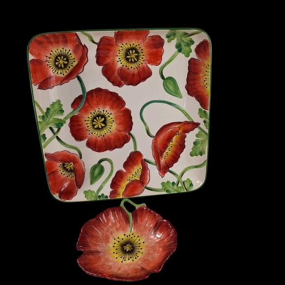 Vintage Clay Art Hand Painted Poppies 2001 Big Platter & Small Plate Red Orange - Picture 2 of 9